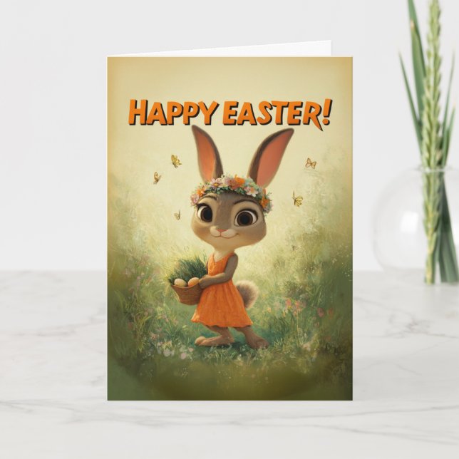 Cute Bunny in Orange Dress with Easter Basket Kort (Framsida)