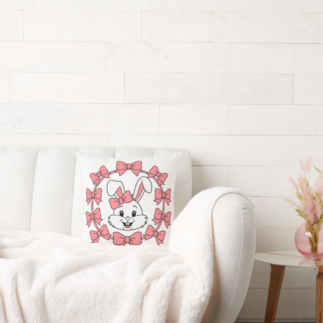 Cute Bunny in Pink Bow Wreath – Easter Coquette Kudde (Soffa)