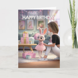 Cute Bunny in Pink Dress with Gifts Happy Birthday Kort