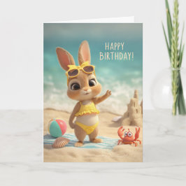 Cute Bunny in Yellow Swimsuit Beach Birthday Kort