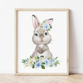 Cute Bunny, kanin, Blåa blommor, Boy Nursery Fototryck