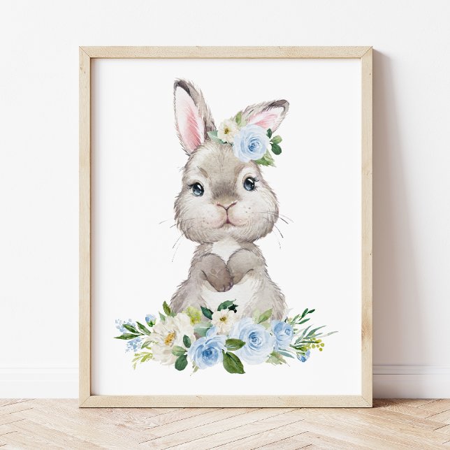 Cute Bunny, kanin, Blåa blommor, Boy Nursery Fototryck (Skapare uppladdad)