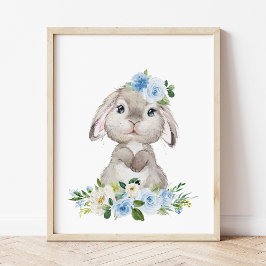 Cute Bunny, kanin, Blåa blommor, Boy Nursery Fototryck