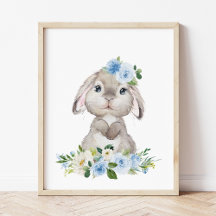 Cute Bunny, kanin, Blåa blommor, Boy Nursery