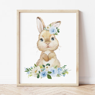 Cute Bunny, kanin, Blåa blommor, Boy Nursery Poster