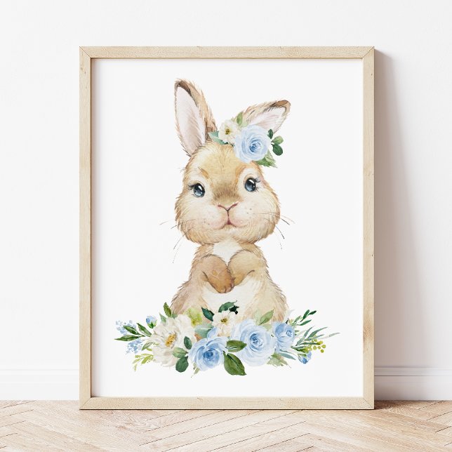 Cute Bunny, kanin, Blåa blommor, Boy Nursery Poster (Skapare uppladdad)