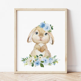 Cute Bunny, kanin, Blåa blommor, Boy Nursery Poster