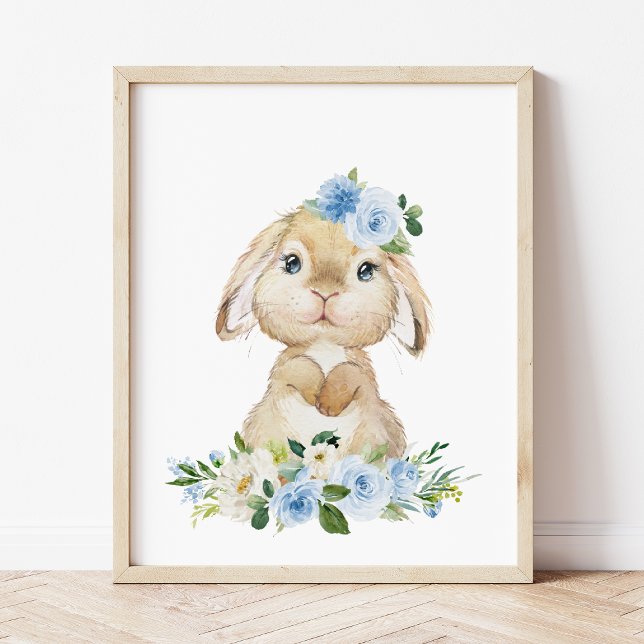Cute Bunny, kanin, Blåa blommor, Boy Nursery Poster (Skapare uppladdad)