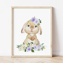 Cute Bunny, kanin, Lila blommor, könsneutral Fototryck
