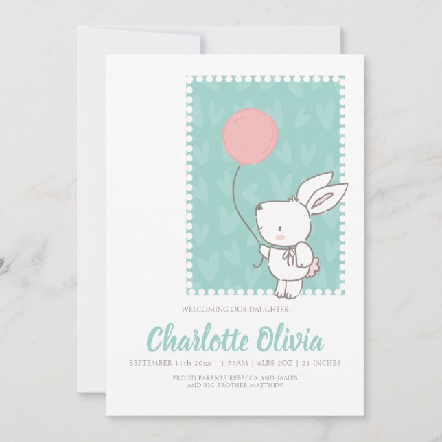 Cute Bunny-kanin med Balloon Nyfödd bebis Meddelande (Framsida)