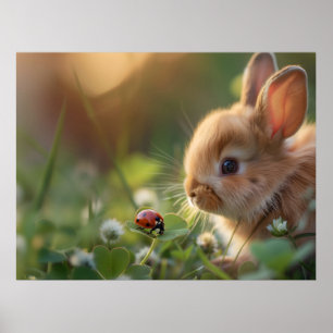Cute bunny kanin och en ladybug på grönten fält poster