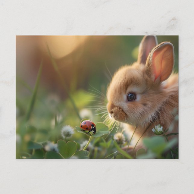 Cute bunny kanin och en ladybug på grönten fält vykort (Framsida)