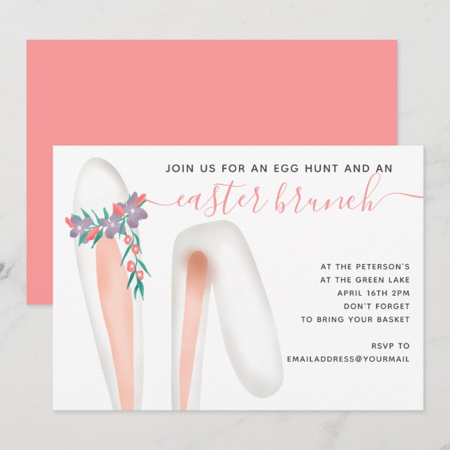 Cute bunny kanin öronkorallbrunchäggsjakt Påsk Inbjudningar (Fram/baksida)