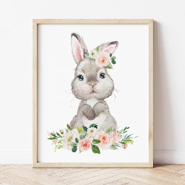 Cute Bunny, kanin, Rosa Flowers, Girl Nursery Fototryck