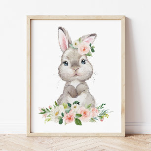 Cute Bunny, kanin, Rosa Flowers, Girl Nursery Fototryck