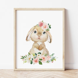 Cute Bunny, kanin, Rosa Flowers, Girl Nursery Fototryck