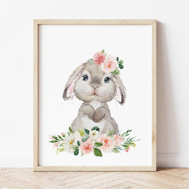 Cute Bunny, kanin, Rosa Flowers, Girl Nursery Poster