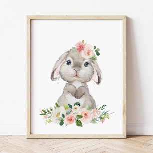 Cute Bunny, kanin, Rosa Flowers, Girl Nursery Poster
