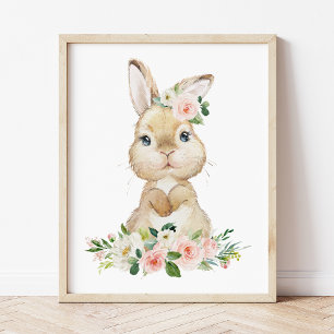 Cute Bunny, kanin, Rosa Flowers, Girl Nursery Poster