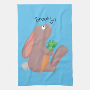Cute bunny kanin sitta med tecknad av morot kökshandduk
