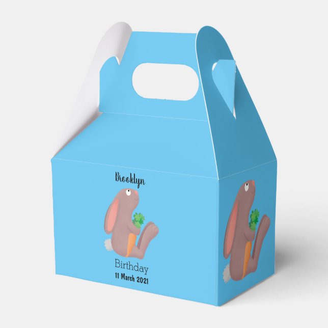 Cute bunny kanin sitta med tecknad av morot presentaskar (Framsidan Sidan)