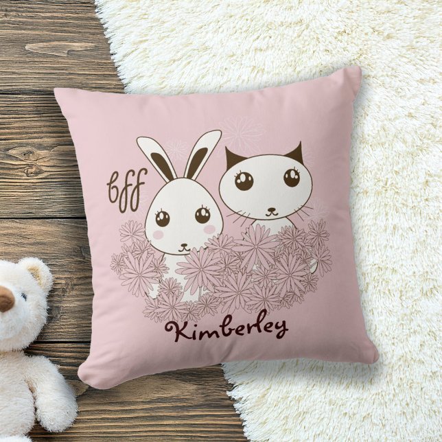 Cute Bunny Kitten Animal Friends Rosa Girls Kids Kudde (Skapare uppladdad)