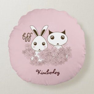 Cute Bunny Kitten Animal Friends Rosa Girls Kids Rund Kudde