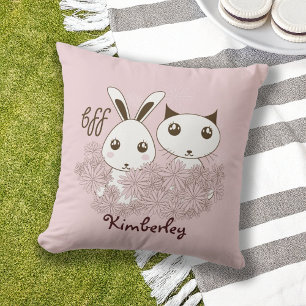 Cute Bunny Kitten Animal Friends Rosa Girls Kids Utomhuskudde