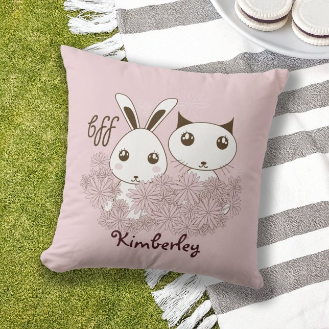Cute Bunny Kitten Animal Friends Rosa Girls Kids Utomhuskudde (Skapare uppladdad)