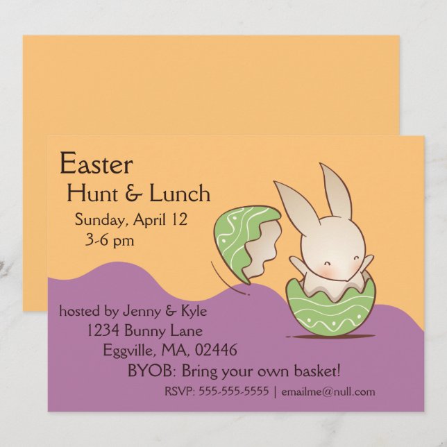 Cute Bunny-kläckning, Grönt Påskägg Inbjudningar (Fram/baksida)