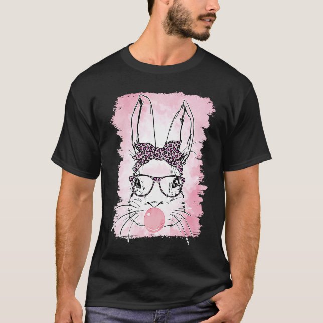 Cute Bunny Leopard Bunny Glasses Bubblegum Easter  T Shirt (Framsida)