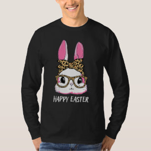 Cute Bunny Leopard Messy Bun Glasses Headband Happ T Shirt