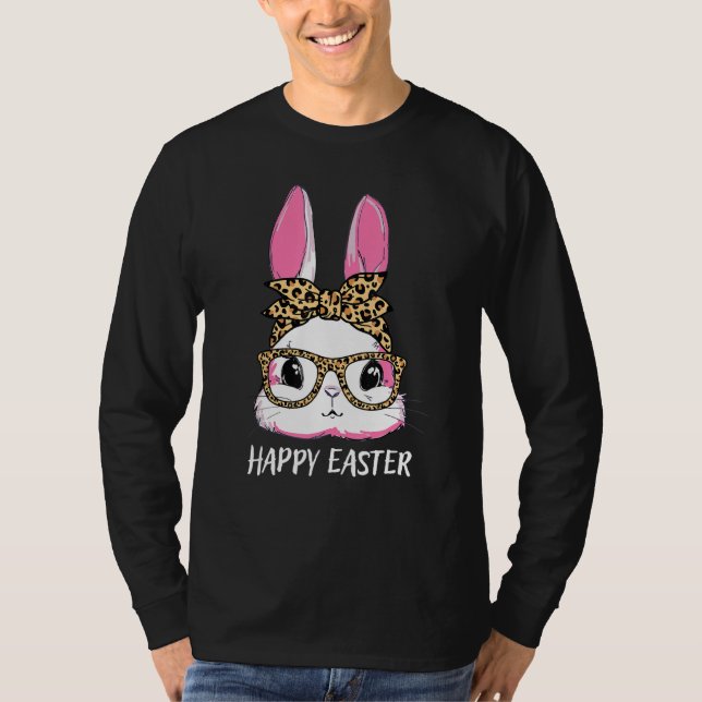 Cute Bunny Leopard Messy Bun Glasses Headband Happ T Shirt (Framsida)
