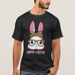 Cute Bunny Leopard Messy Bun Glasses Headband Happ T Shirt