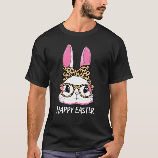 Cute Bunny Leopard Messy Bun Glasses Headband Happ T Shirt (Framsida)