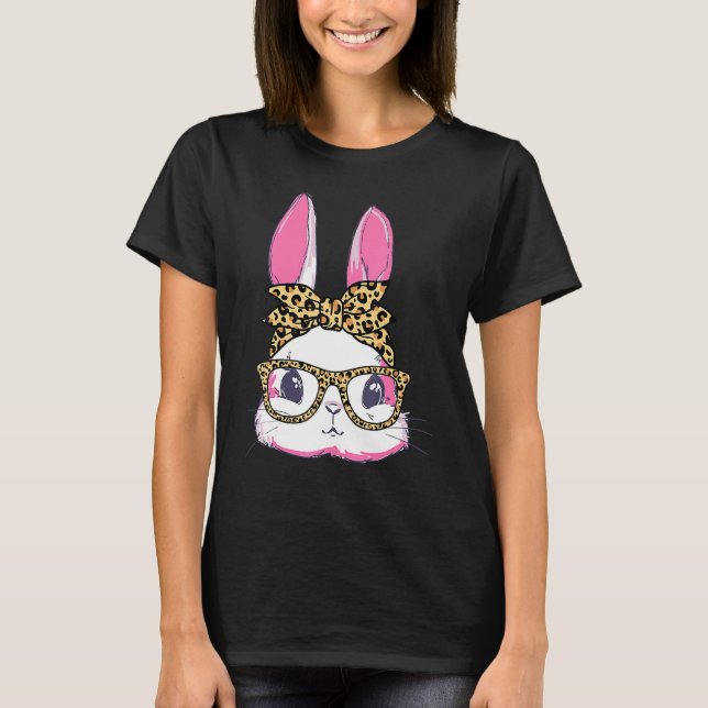 Cute Bunny Leopard Messy Bun Glasses Headband Happ T Shirt (Framsida)