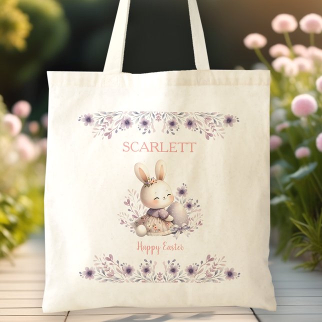 Cute Bunny Lila Blommigt Girl Namn Påskägg Hunt Tygkasse (Cute Bunny Purple Floral Girl Name Easter Egg Hunt Tote Bag)