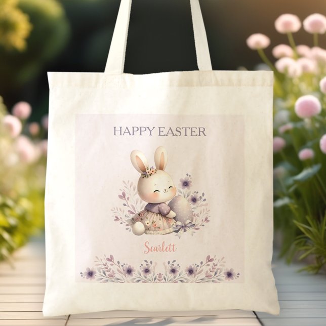 Cute Bunny Lila Blommigt Namn Egg Hunt Påsk Tygkasse (Cute Bunny Purple Floral Name Egg Hunt Easter Tote Bag)