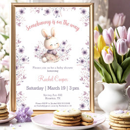 Cute Bunny Lila Rosa Blommigt Girl Baby Shower Inbjudningar
