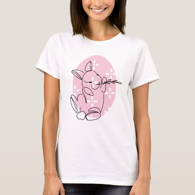 Cute Bunny Line Art Rosa Egg Vår T Shirt (Framsida)