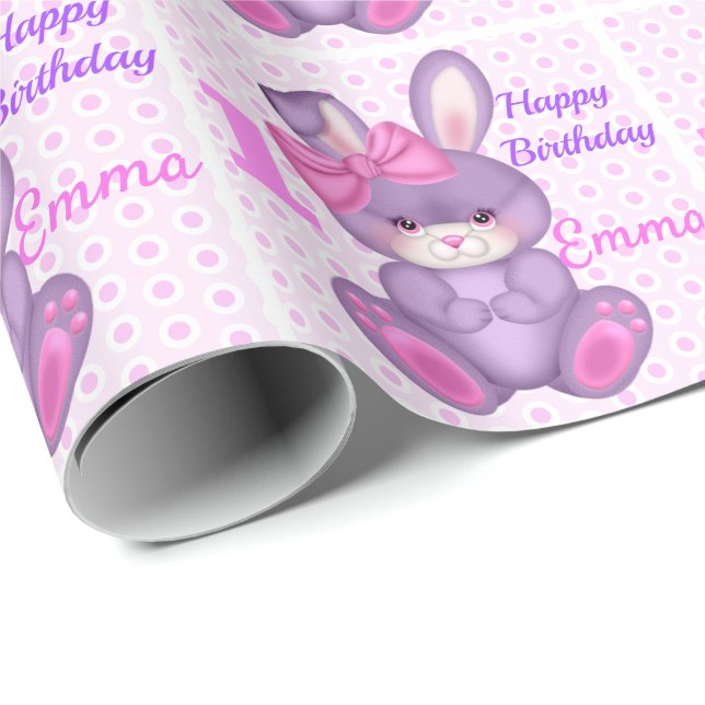 Cute Bunny Little Girls Rosa & Lavender Namn Age Presentpapper (Rullad Hörn)