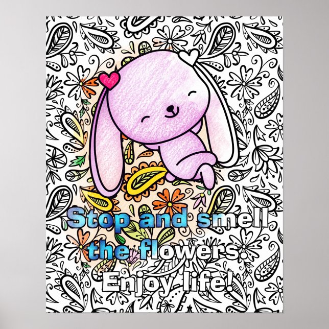 Cute Bunny Lounging in Flowers Cute Vuxen Coloring Poster (Customize this adorable bunny poster you can color. Great for bunny lovers everywhere.)