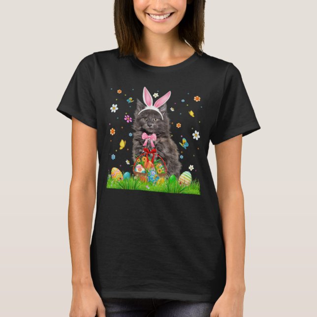Cute Bunny Maine Coon Cat With Easter Egg Basket E T Shirt (Framsida)