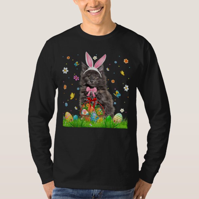 Cute Bunny Maine Coon Cat With Easter Egg Basket E T Shirt (Framsida)