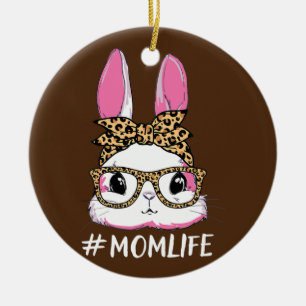 Cute Bunny Mamma Life Leopard Messy Bun Glasses Julgransprydnad Keramik