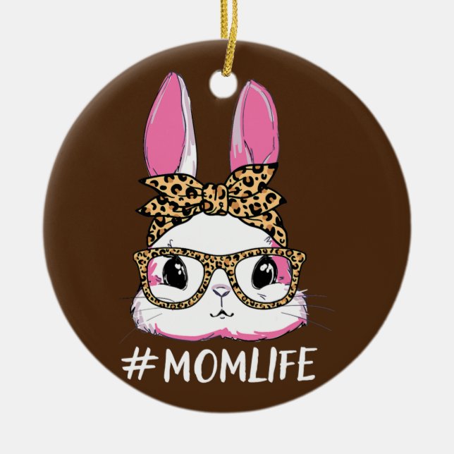 Cute Bunny Mamma Life Leopard Messy Bun Glasses Julgransprydnad Keramik (Framsidan)