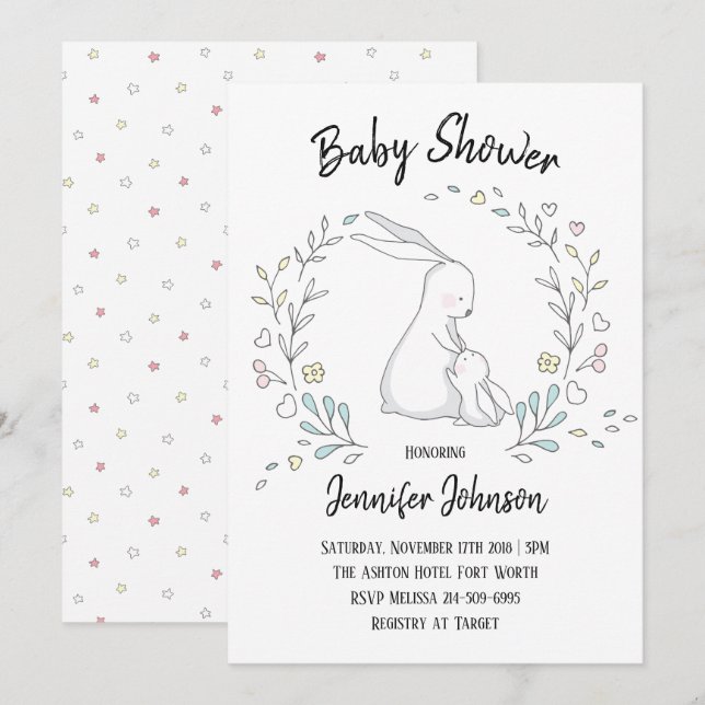 Cute Bunny Mamma och Baby Shower Inbjudningar (Fram/baksida)