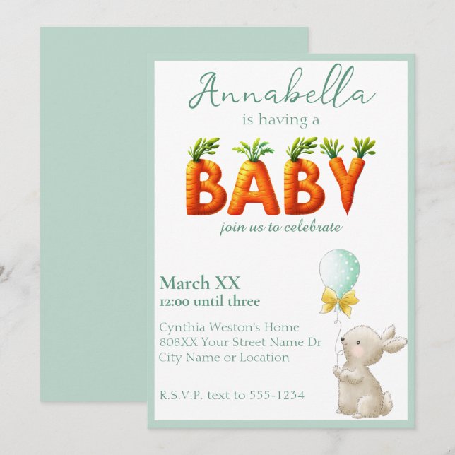 Cute Bunny med ballonger och babyskor med morötter Inbjudningar (Fram/baksida)