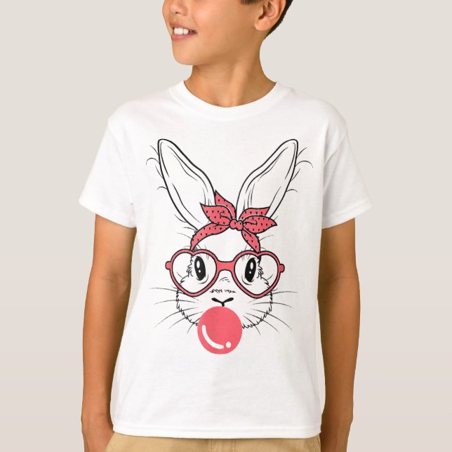 Cute Bunny med Bandana-glas och Bubblegum Happ T Shirt (Framsida)