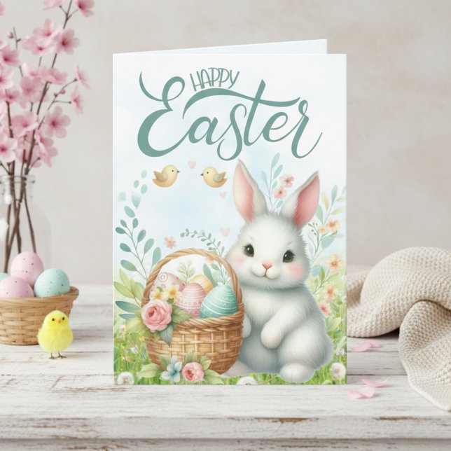 Cute Bunny med Basket Anpassningsbar Glad påsk Helgkort (Cute Bunny With Basket Custom Happy Easter Holiday Card)